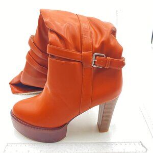 Brown Fur Platform Buckled Strap Chunky Heel Side Zipper Over Knee High Boot